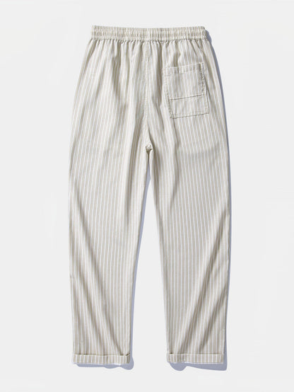 Linen Rayon Blend Button Up Shirt & Stripe Straight Leg Linen Pants