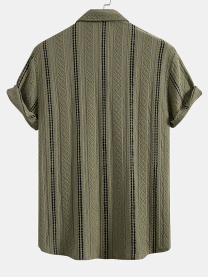Geometric Striped Jacquard Button Up Shirt & Straight Leg Linen Pants