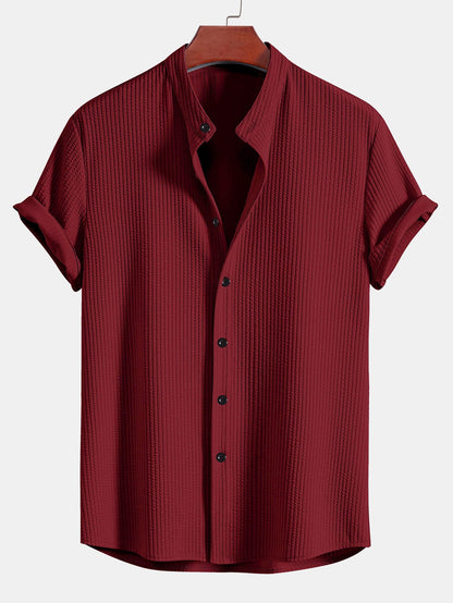 Muscle Fit Ribbed Stand Collar Shirt & Elastic Waist Straight Leg Trousers