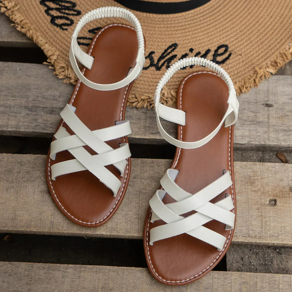 Callie Leather Flat Sandals – Women's Roman Strap Slip-On with Non-Slip Rubber Sole