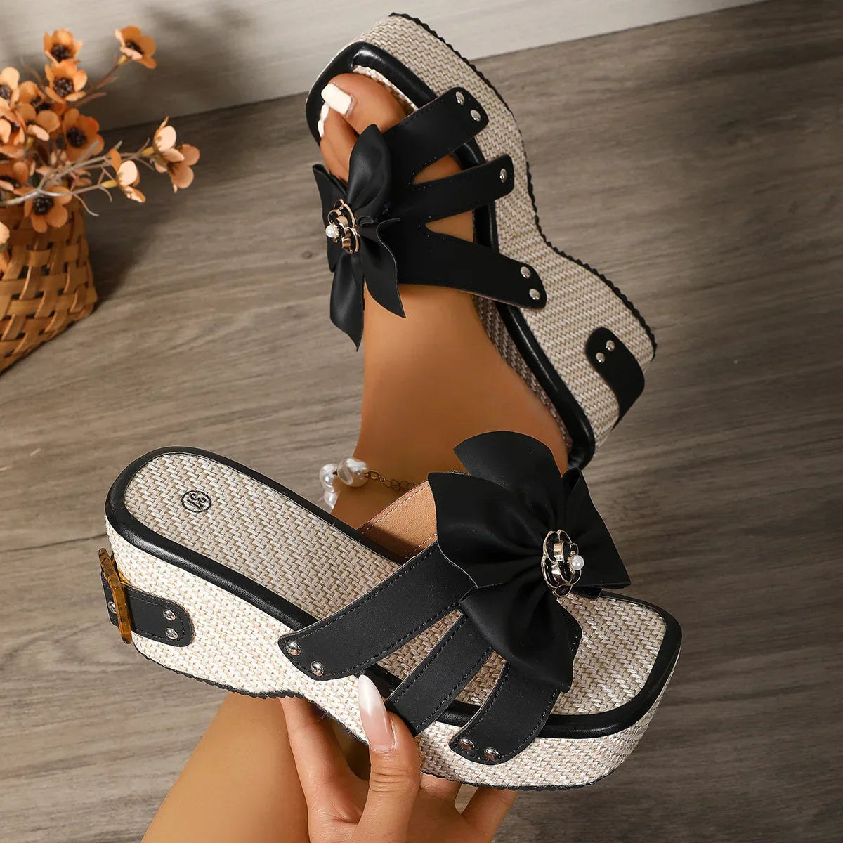 Aurora Bow Platform Sandals – Slip-Ons with Floral Accent