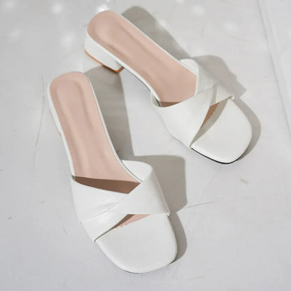 Riva Leather Slide Sandals – Square Heel Slippers in Summer Candy Tones
