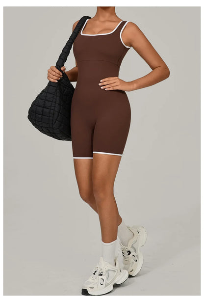 Women Color Blocked Yoga Jumpsuit Sleeveless Romper Elastic Quick Drying Fitness Workout Sportswear One-Piece Short Yoga Clothes