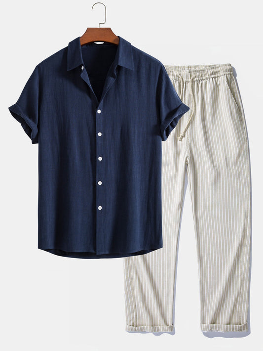 Linen Rayon Blend Button Up Shirt & Stripe Straight Leg Linen Pants