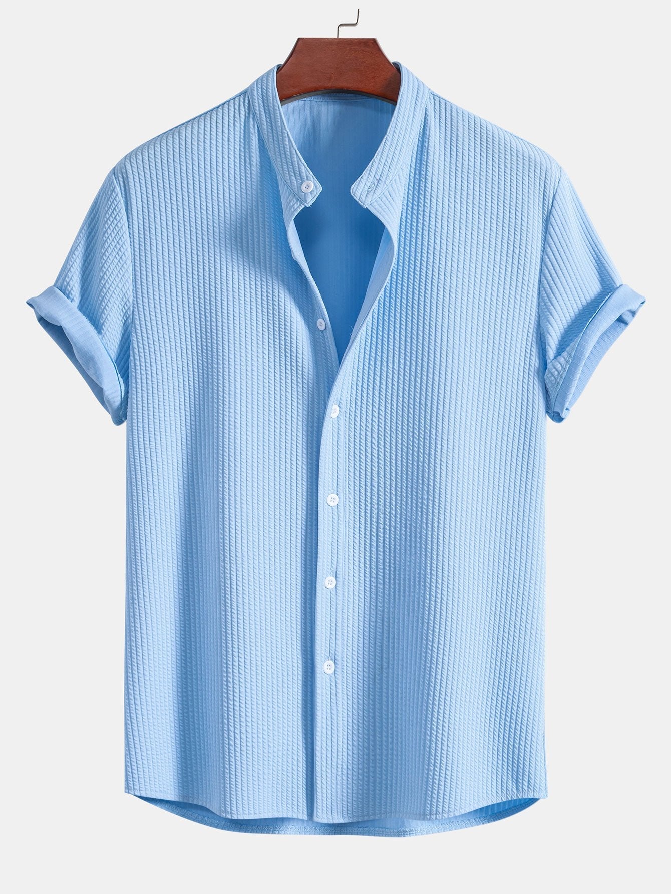 Muscle Fit Ribbed Stand Collar Shirt & Elastic Waist Straight Leg Trousers
